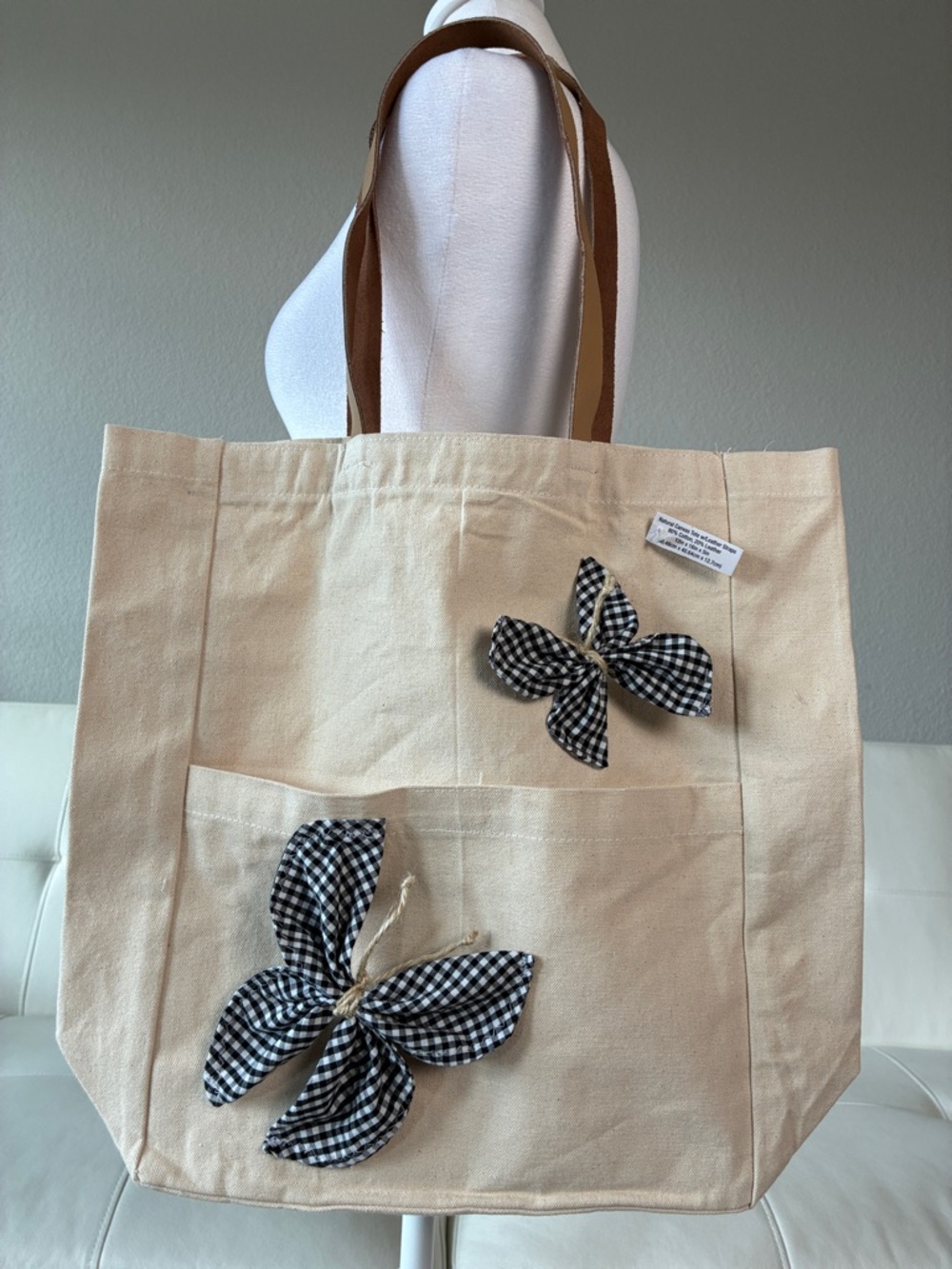 Large Canvas Tote Bag with Black Gingham Butterfly Accents - Hand Decorated